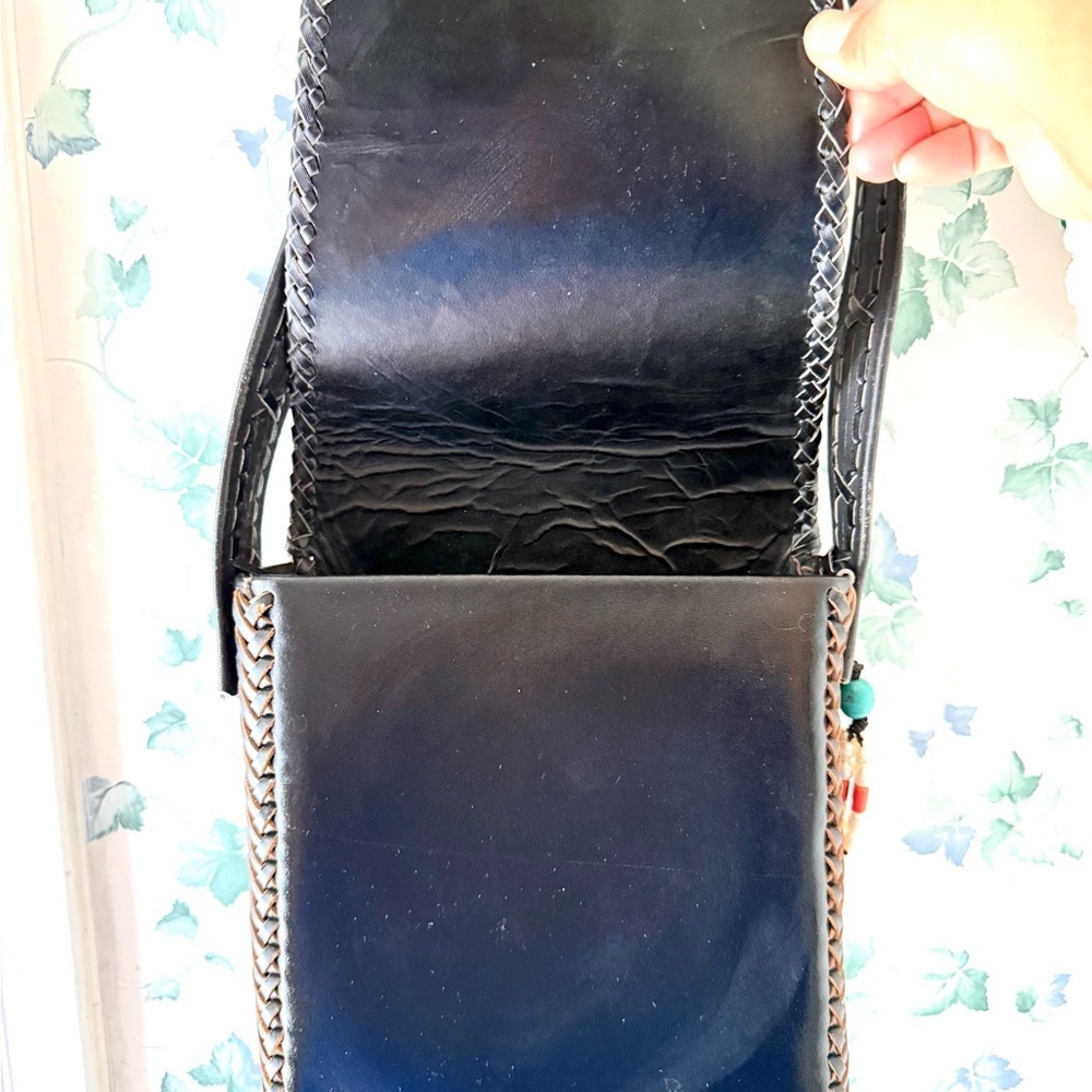 Vintage Black Leather Shoulder Bag Woven Trim Boho Western Style Purse - Picture 6 of 6